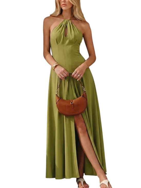 Commense Dresses & Skirts - Commense Chartreuse Green Twist Front Halter Maxi Dress Small NWT Front Slit